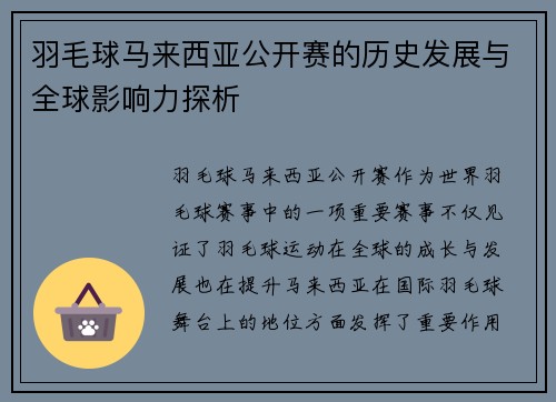 羽毛球马来西亚公开赛的历史发展与全球影响力探析