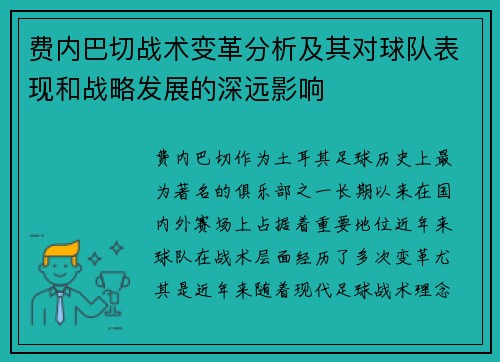 费内巴切战术变革分析及其对球队表现和战略发展的深远影响 费内巴切战术变革分析及其对球队表现和战略发展的深远影响
