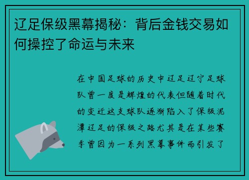 辽足保级黑幕揭秘：背后金钱交易如何操控了命运与未来
